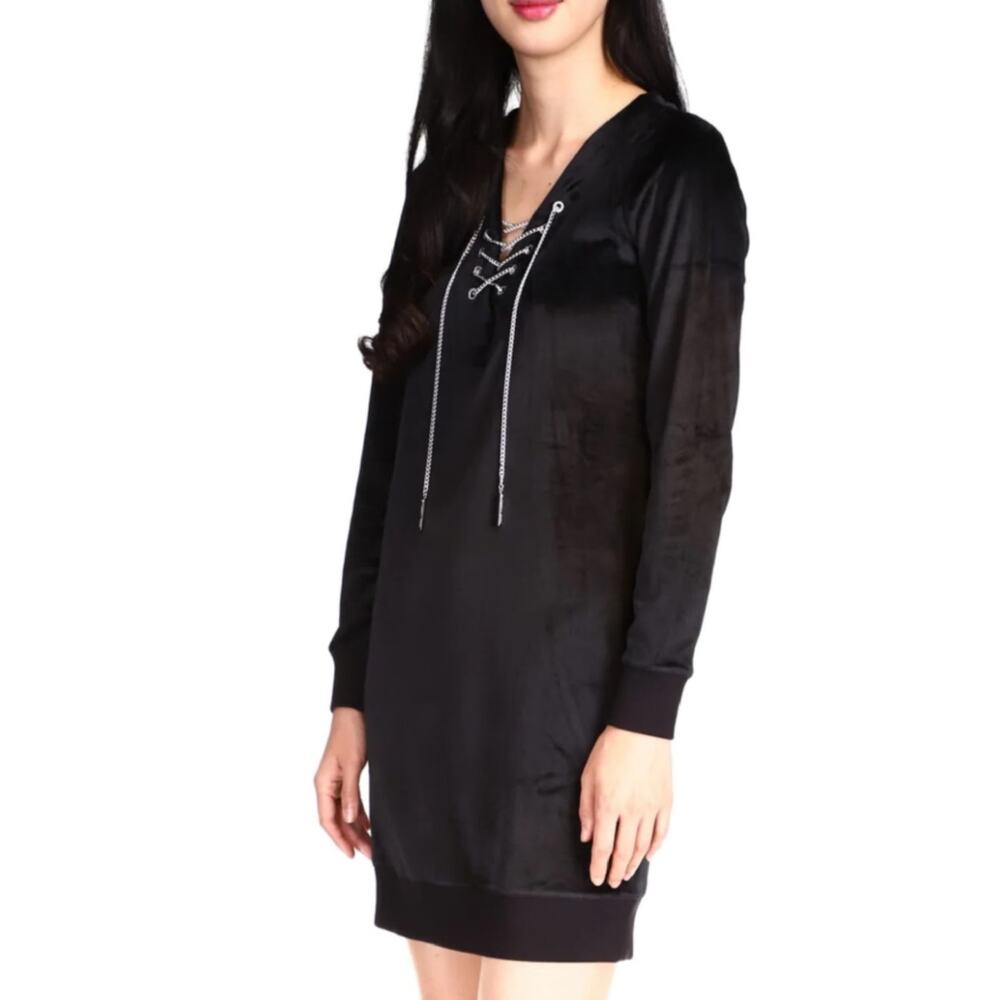 Michael Kors Women's Black Velour Long Sleeve Lace Up Chain V Neck XXS NWT